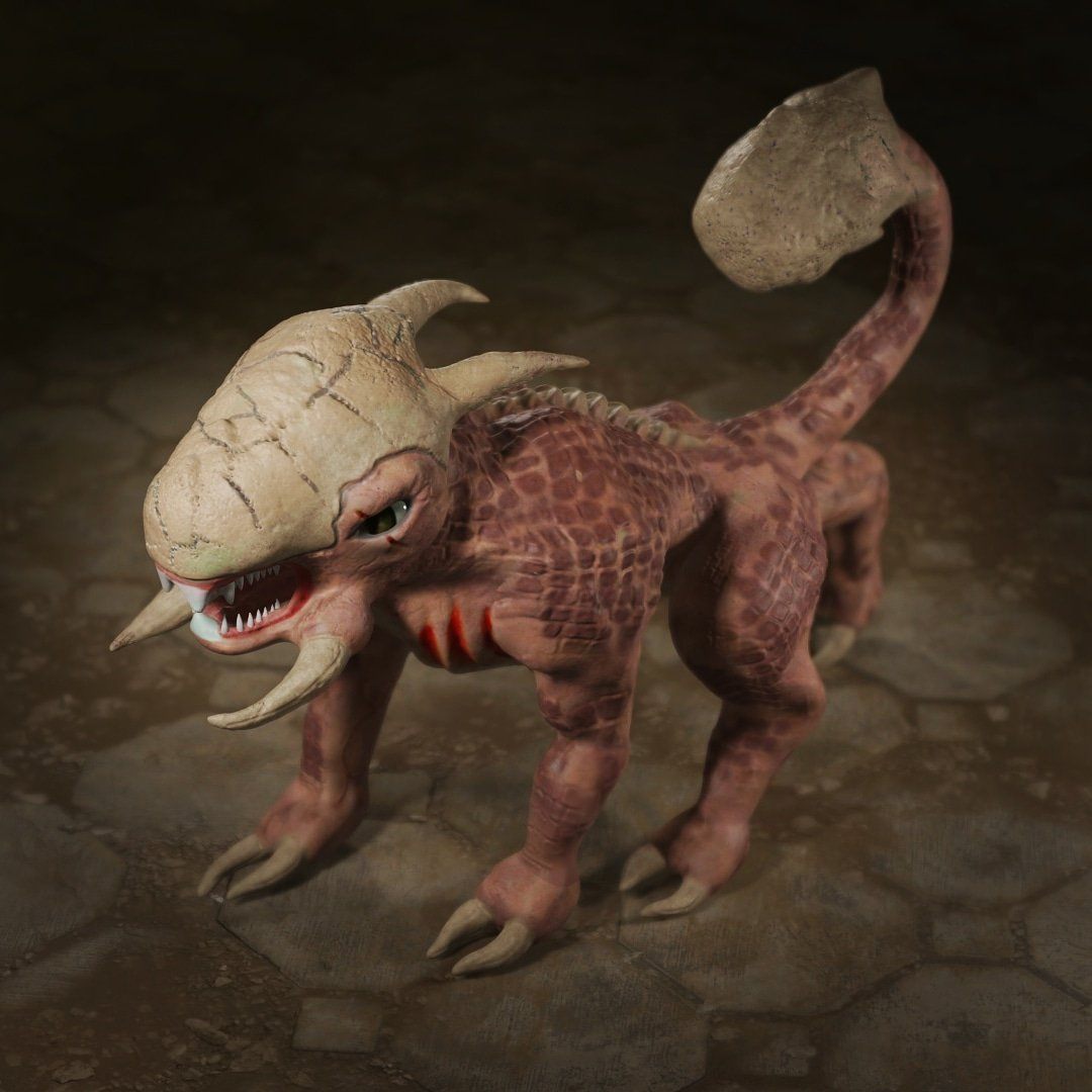 A horned reptile-like creature with a bone-plated head and club tail on a stone floor