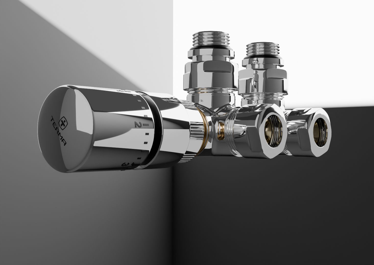 Chrome thermostatic radiator valve on a black and white backdrop