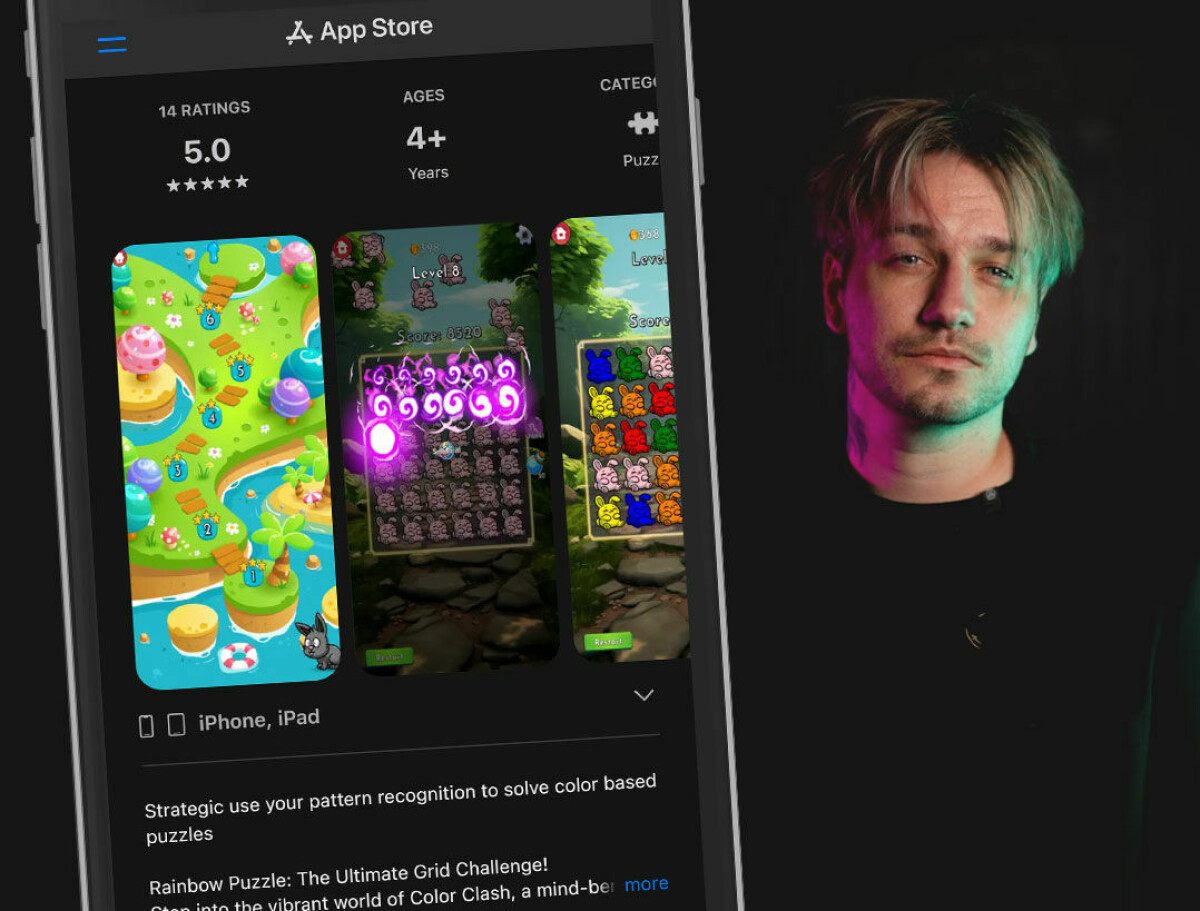 Rainbow Puzzle on the App Store showing the colourful level map and the puzzle grid, next to the developer