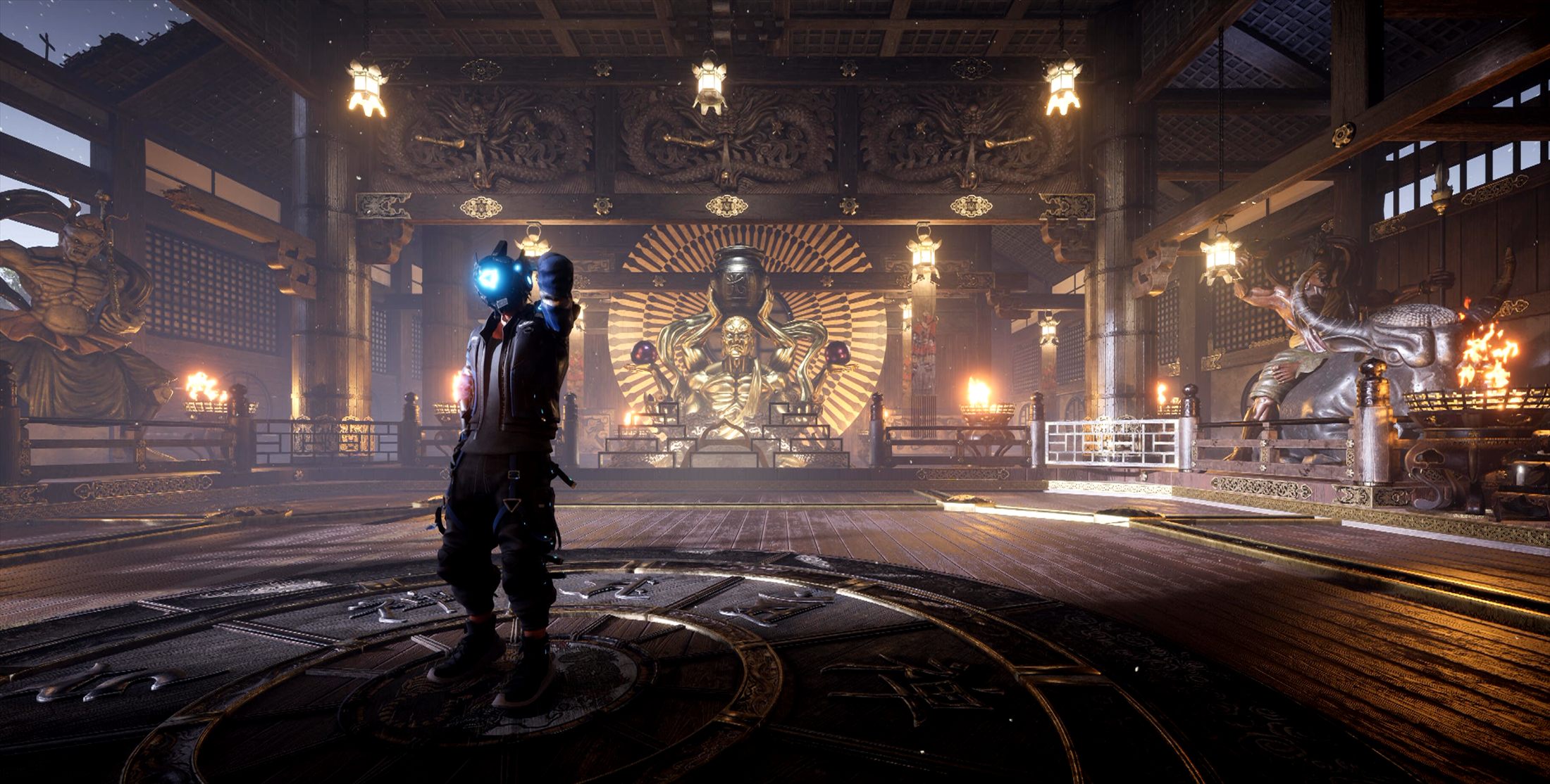 A masked hero with a glowing blue visor stands in a lantern-lit temple hall before a golden statue