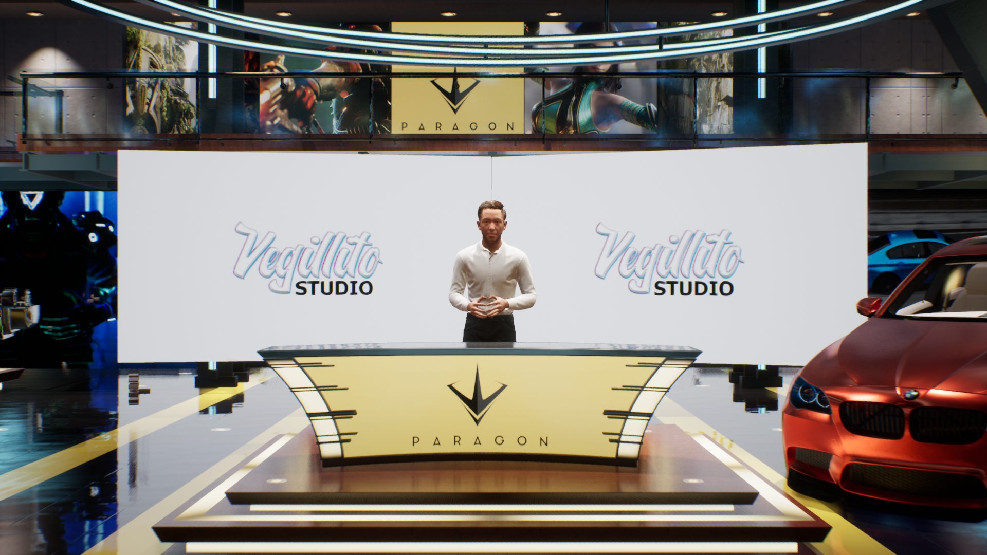 A digital presenter behind a desk on a fully built virtual stage with Vegillito Studio branding